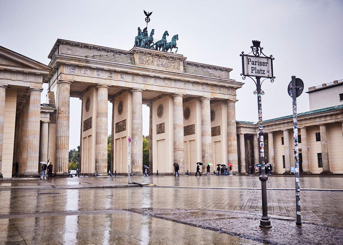 Brandenburg Gate, one of Berlins biggest tourist attractions is nearly empty of people throughout the COVD-19 pandemic