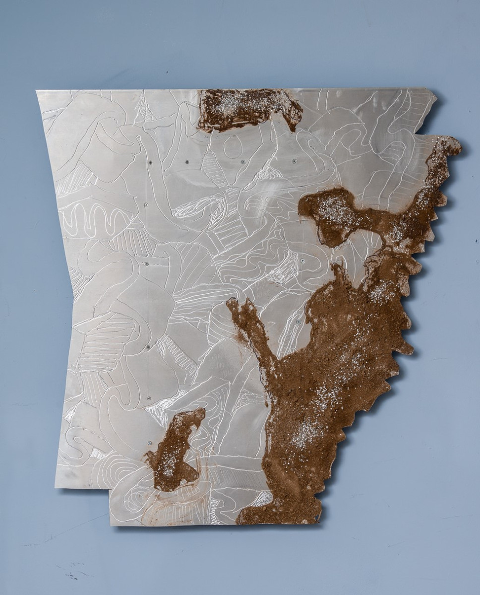 Arkansas- State of Arkansas Shape in Aluminum With Etched Abstract Ties.