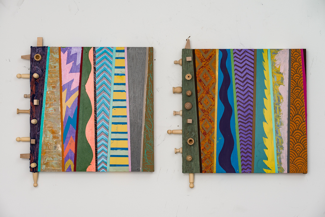 Wisdom vs.Truth - 2 Multicolored Abstract Art Painting With Various Patterns and Shapes. This Painting Has Wooden Pegs in the on the Right, Top and Bottom.