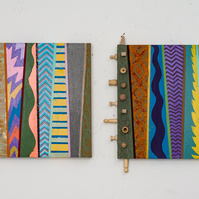 Wisdom vs.Truth - 2 Multicolored Abstract Art Painting With Various Patterns and Shapes. This Painting Has Wooden Pegs in the on the Right, Top and Bottom.