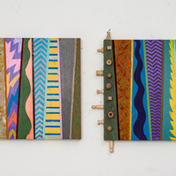 Wisdom vs.Truth - 2 Multicolored Abstract Art Painting With Various Patterns and Shapes. This Painting Has Wooden Pegs in the on the Right, Top and Bottom.
