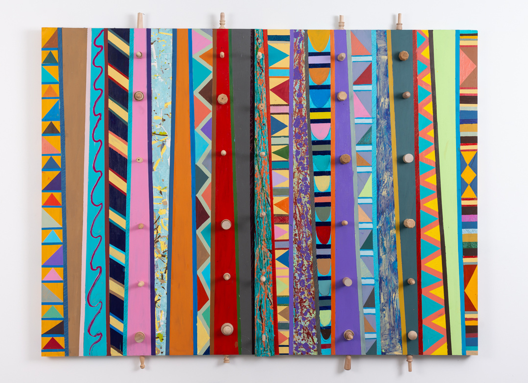 No You Can't Come Over-Multicolored Abstract Art Painting With Various Patterns and Shapes. This Painting Has Wooden Pegs.