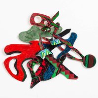 Landwhere-Multicolored Abstract Art Piece Hung on A Wall With Various Shapes that Resembles Ties. The Ties are Bent in Various Ways. 