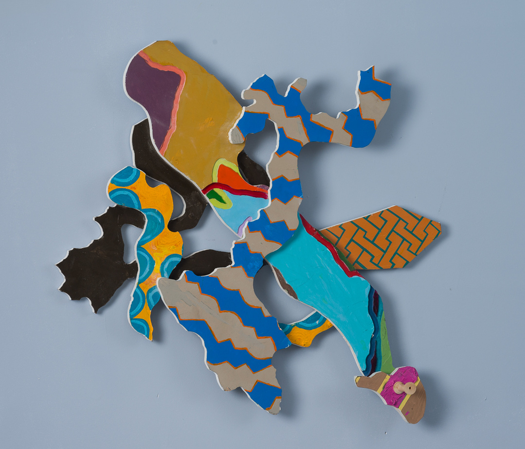 Below The Mason Dixon Line I-Multicolored Abstract Art Piece Hung on A Wall With Various Shapes that Resembles Ties. The Ties are Bent in Various Ways. 