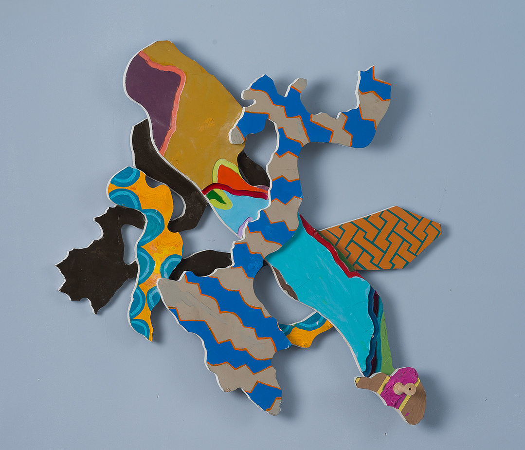 Below The Mason Dixon Line I-Multicolored Abstract Art Piece Hung on A Wall With Various Shapes that Resembles Ties. The Ties are Bent in Various Ways. 