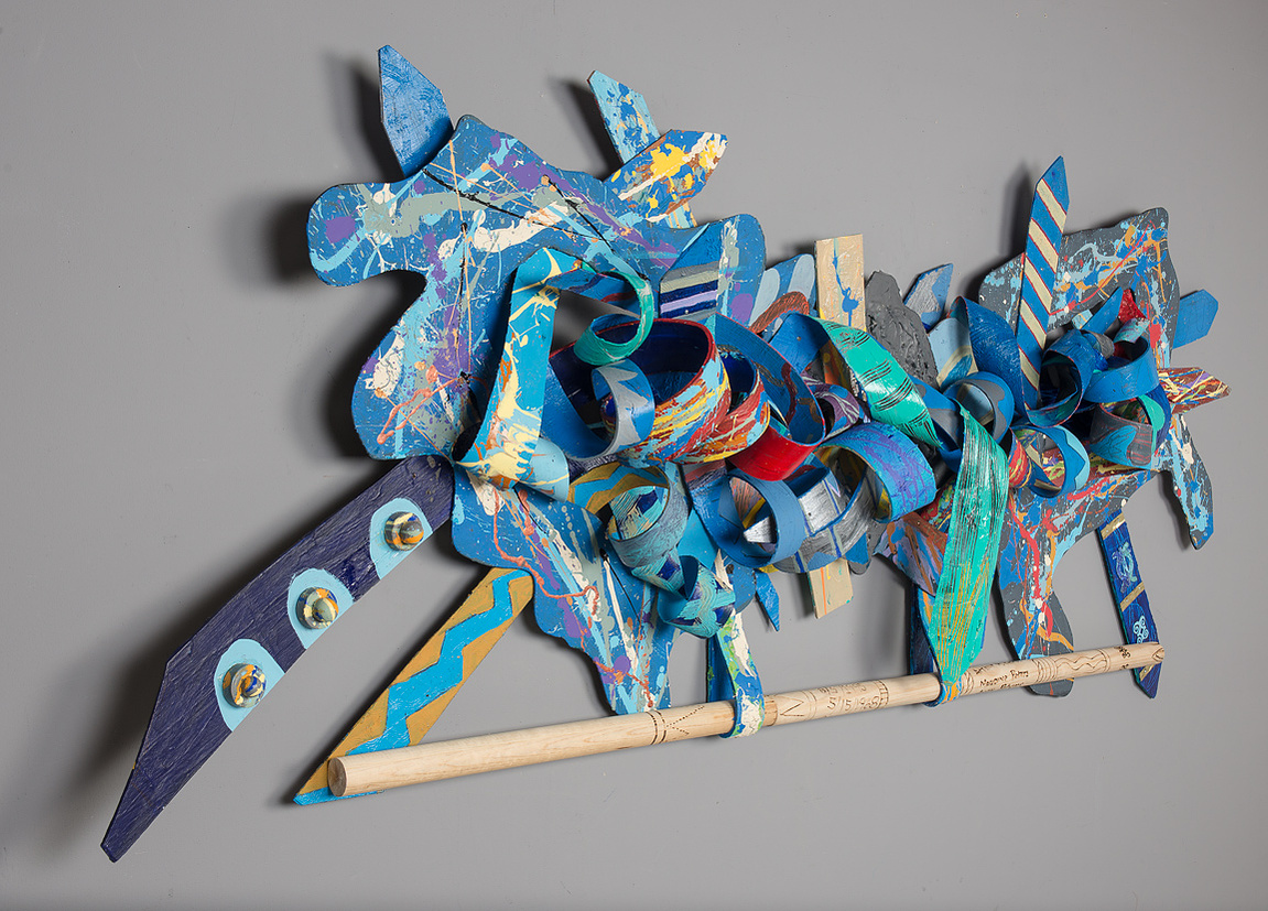 Heavenly Hopes 43x143x9 Mixed Media on wood Private Commission for Dr. Dameon And Kim Fisher, Atlanta GA-Abstract Art Piece Mixed Media on Wood.  With Various Shapes And Cool Colors.