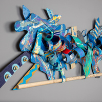 Heavenly Hopes 43x143x9 Mixed Media on wood Private Commission for Dr. Dameon And Kim Fisher, Atlanta GA-Abstract Art Piece Mixed Media on Wood.  With Various Shapes And Cool Colors.