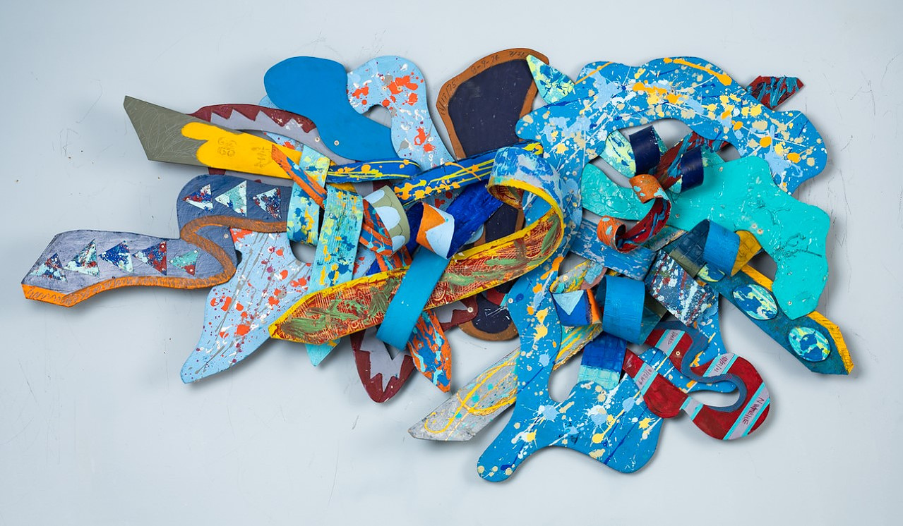 When Blessings Follow You  43x84x9 Mix Media on wood Private Commission John & Barbra Knox, Elgin Il - Abstract Art Piece on Wood With Cool Colors. 