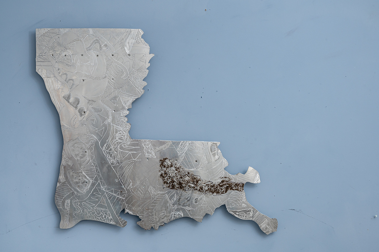 Louisiana- State of Louisiana Shape in Aluminum With Etched Abstract Ties.