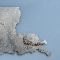 Louisiana- State of Louisiana Shape in Aluminum With Etched Abstract Ties.