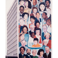 The Coca Cola Centennial Olympic Mural, 15 Story  Commission for the 1996 Olympics, Atlanta GA-This mural of people of different genders and races with a clear Coca Cola Bottle in the middle. This mural is on the side of a tall building.