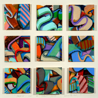 Jamin' On a Half Note - In The Collection Of Brenda & Larry Thompson, Sea Island, GA- Abstract Art Piece With Various Shapes That Has Nine Separate Square Canvases. Various Colors.