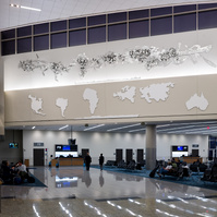 Soul Ties That Matter 20'x55'x2' Installation Hartsfield Jackson International Airport, Concourse F, Atlanta, GA-Abstract Art Piece Made Of Aluminum Hung Across A Wall.The Piece Is Silver.