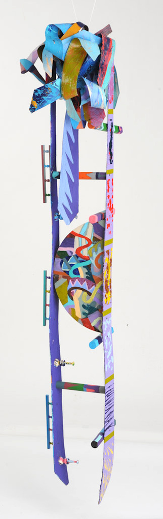 Jacob's Ladder II-Abstract Ladder With Abstract Ties On The Top. The Ladder  Is Purple and Blue. The Ties Multicolored Blue Colors.