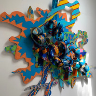 Watchin Blessings Come Forth, 87x98x8 Mixed Media on wood, Private Commission, Dr. Alonzo & Susan Williams Little Rock, Arkansas-   Mixed Media Abstract Art Piece on Wood With Cool Colors This Piece Also Has a Hint of Warm Colors.