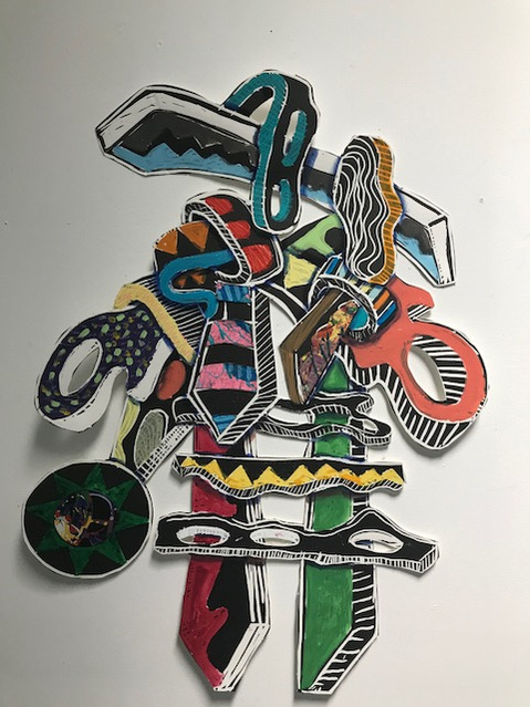Livin Through the Process II Framed 33x41 2022-Abstract cutout art piece on paper that resembles a ladder with shapes and circles on the side and on top.  The colors of this piece are mainly red and green with multiple colors.