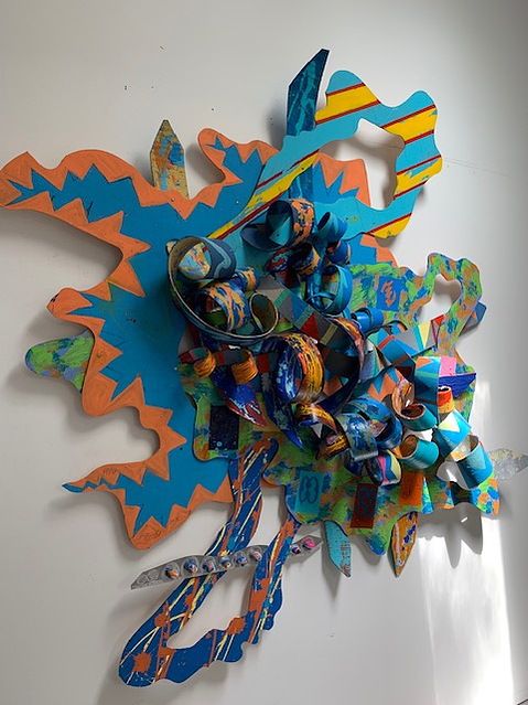 Watchin Blessings Come Forth, 87x98x8 Mixed Media on wood, Private Commission, Dr. Alonzo & Susan Williams Little Rock, Arkansas-   Mixed Media Abstract Art Piece on Wood With Cool Colors This Piece Also Has a Hint of Warm Colors.