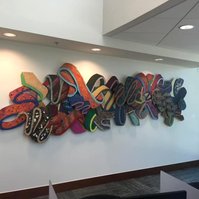 And The Band Played On 48x130x5 Mixed Media on wood South Fulton Library , Union City GA-Abstract Art Piece on Wood With Cool Colors.The shapes are various and have tie shapes.