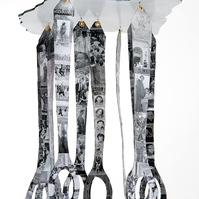 Colorless Dreams  II - Commission For The 50th Anniversary of the Freedom Riders, Alabama Historical Society-Abstract Art Piece With Spoons That Have a Hole in the Middle Hanging on A Piece of Material. The Piece Has People on the Handles of The Spoons. 