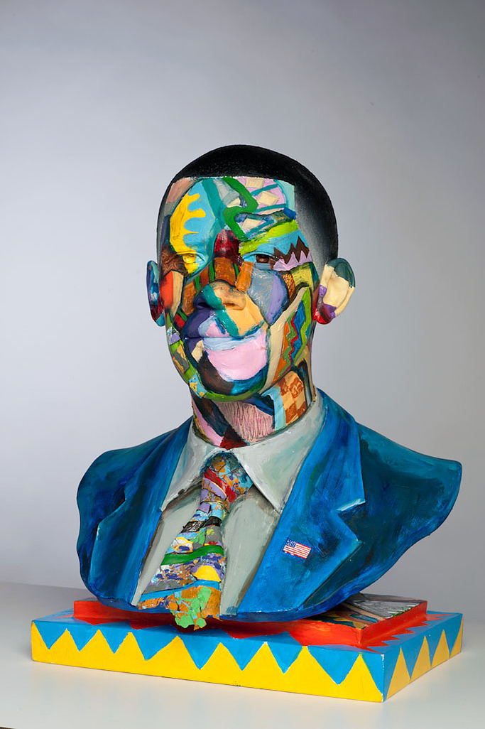 Mr. President Hear Our Cry - Commission For The Wright Museum in Detroit, MI-Multicolored Statue Figure of One Man's  Head and Shoulders. The Man is Dressed in a Jacket, Suit and Tie. 