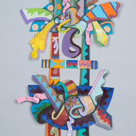 Ladder For All-Abstract cutout art piece on paper with multiple colors and shapes on a ladder. This painting has both an array of warm and cool colors.