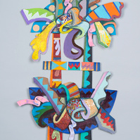Ladder For All-Abstract cutout art piece on paper with multiple colors and shapes on a ladder. This painting has both an array of warm and cool colors.