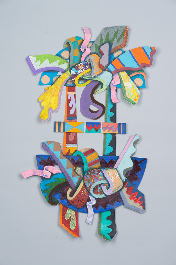 Ladder For All-Abstract cutout art piece on paper with multiple colors and shapes on a ladder. This painting has both an array of warm and cool colors.
