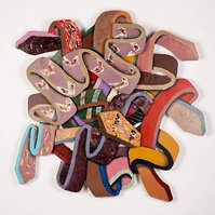 Monk Composition #19-Multicolored Abstract Art Piece Hung on A Wall With Various Shapes that Resembles Ties. The Ties are Bent in Various Ways. 