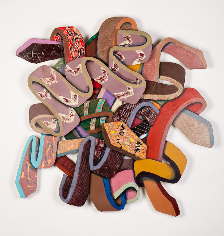 Monk Composition #19-Multicolored Abstract Art Piece Hung on A Wall With Various Shapes that Resembles Ties. The Ties are Bent in Various Ways. 