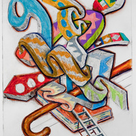 Searching For-Abstract cutout art piece on paper with multiple colors and smooth shapes. This painting has mostly warm colors and with a hint of cool colors.