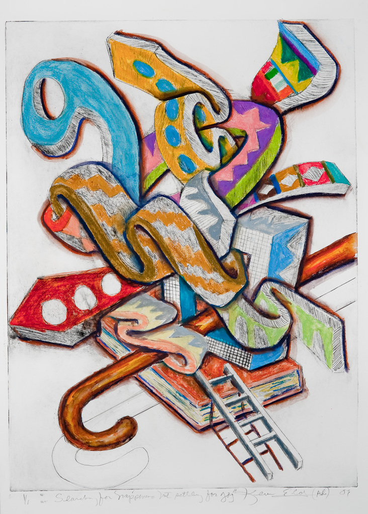 Searching For-Abstract cutout art piece on paper with multiple colors and smooth shapes. This painting has mostly warm colors and with a hint of cool colors.
