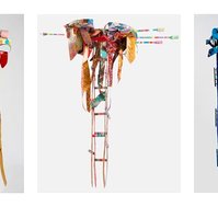 Do Lord Remember Me- 3 Abstract Ladders With Abstract Ties On The Top. The Ladder and Ties Are Multicolored.