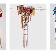 Do Lord Remember Me- 3 Abstract Ladders With Abstract Ties On The Top. The Ladder and Ties Are Multicolored.