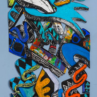 Livin Through the Process II Framed 33x41 2022-Abstract cutout art piece on paper with cool colors and shapes. This piece has mostly blue and  hints of warm colors such as orange.