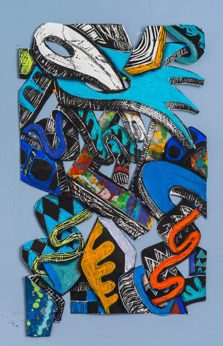 Livin Through the Process II Framed 33x41 2022-Abstract cutout art piece on paper with cool colors and shapes. This piece has mostly blue and  hints of warm colors such as orange.