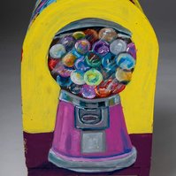 Bubble Gum Machine  Side- Yellow Mailbox with Painted  Purple Bubble Gum Machine