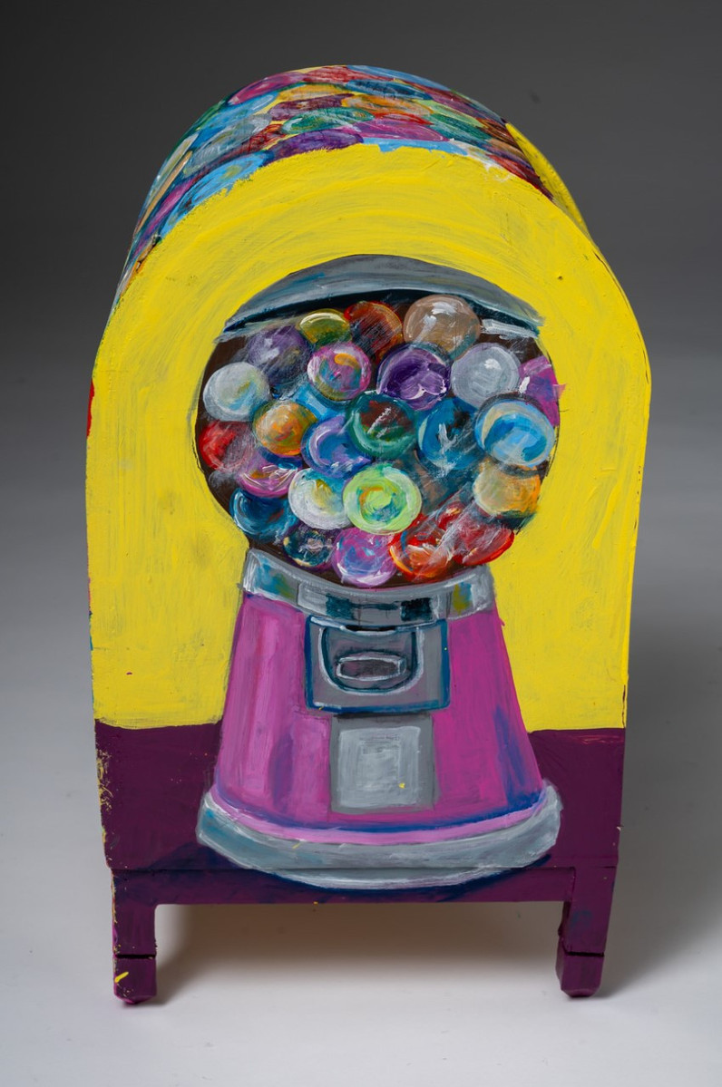 Bubble Gum Machine  Side- Yellow Mailbox with Painted  Purple Bubble Gum Machine