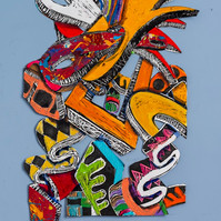 Keeping The Faith I  Framed 33x41 2022-Abstract cutout art piece on paper with warm colors and shapes. This piece is mostly orange and red with hints of green and yellow and black.