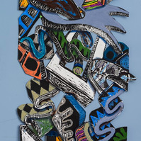 Faith Unfolded I  Framed 33x41 2022-Abstract cutout art piece on paper with multiple colors and shapes. This painting has a majority of cool colors with a hint of warm colors.