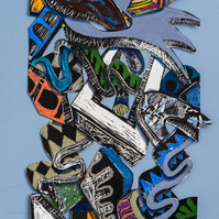 Faith Unfolded I  Framed 33x41 2022-Abstract cutout art piece on paper with multiple colors and shapes. This painting has a majority of cool colors with a hint of warm colors.