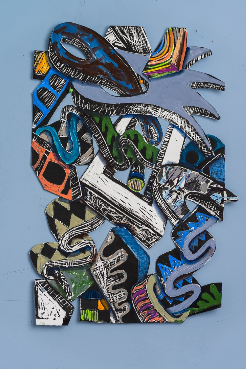 Faith Unfolded I  Framed 33x41 2022-Abstract cutout art piece on paper with multiple colors and shapes. This painting has a majority of cool colors with a hint of warm colors.