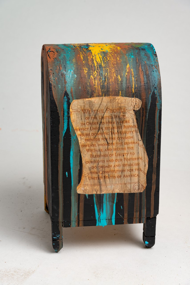Preamble Detail- Mailbox with Various Color Splatter and the Constitution of The United States