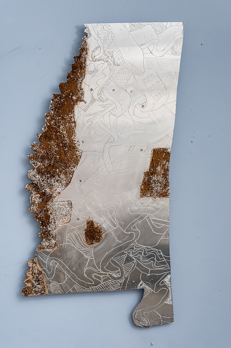 Mississippi- State of Mississippi Shape in Aluminum With Etched Abstract Ties.