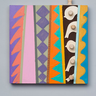 No Place To Go IV-Multicolored Abstract Art Painting With Various Patterns and Shapes. This Painting Has Wooden Pegs in the Right, Top, and Bottom.