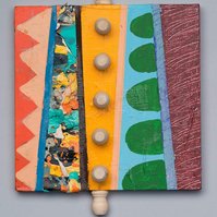 No Place To Go I-Multicolored Abstract Art Painting With Various Patterns and Shapes. This Painting Has Wooden Pegs in the Middle, Top and Bottom.
