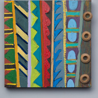No Place To Go III-Multicolored Abstract Art Painting With Various Patterns and Shapes. This Painting Has Wooden Circles on the Right.
