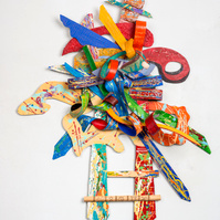 Ladder Series When Preparation Meets Opportunity I  65x98x11 Private Commission Paul & Janice Williams -Abstract art sculpture with multiple colors and shapes. The shapes are various and have tie shapes.This painting has warm and cool colors.