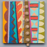 No Place To Go II-Multicolored Abstract Art Painting With Various Patterns and Shapes. This Painting Has Wooden Pegs in the Middle, Top and Bottom.