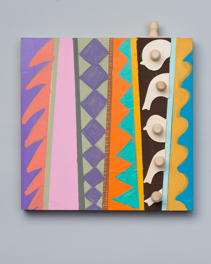 No Place To Go IV-Multicolored Abstract Art Painting With Various Patterns and Shapes. This Painting Has Wooden Pegs in the Right, Top, and Bottom.