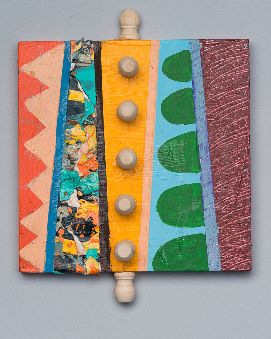 No Place To Go I-Multicolored Abstract Art Painting With Various Patterns and Shapes. This Painting Has Wooden Pegs in the Middle, Top and Bottom.
